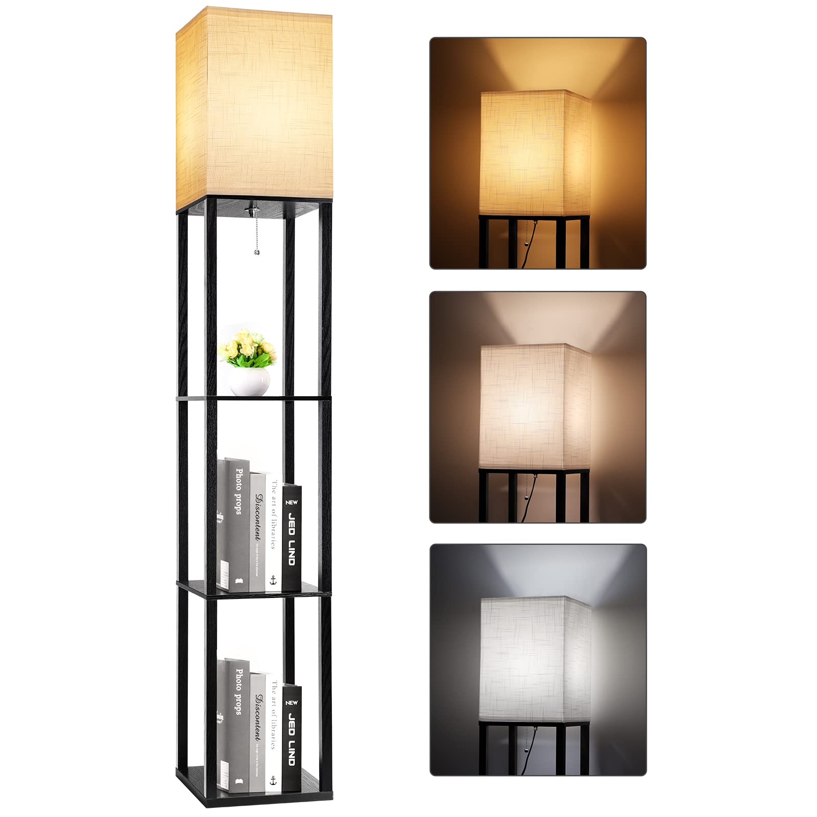 RUNTOP Floor Lamp with Shelves, Modern Shelf Lamp for Display Storage, 3 Color Temperature Wood Narrow Standing Corner Lamp with 8W Bulb for Living Room Decor, Bedroom, Office, Home Decor(Brown)